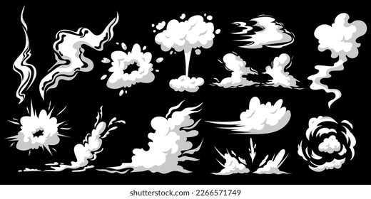 Smoke clouds set, wind stream, comic space. Cartoon dust white silhouette, graphic bouffant effect, design isolated elements for games. Dust and mist, exploding motion. Vector garish collection