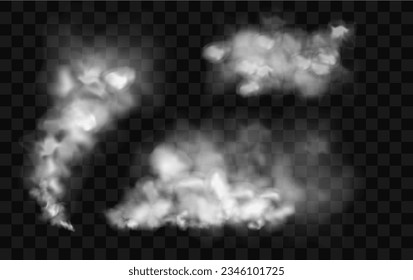 Smoke clouds stream. Transparent fog effect. White vector cloudiness, mist or smog background. Vector illustration isolated transparent special effect