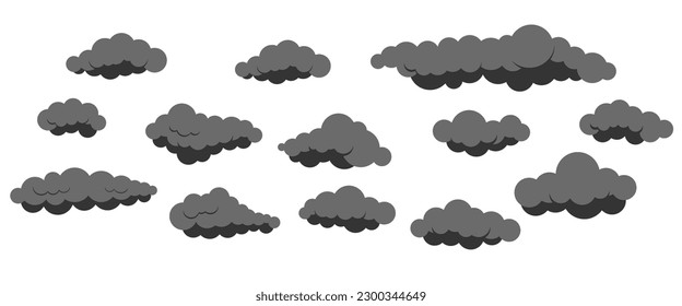 Smoke clouds vector icon set isolated on white background. Cartoon grey fluffy clouds collection for heaven 2d scene and backgrounds. Flat design cumulus clip art vector illustration.