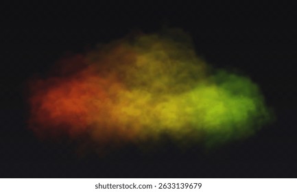 Smoke colorful red yellow green cloud on black transparent background. Fog vector effect