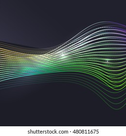 Ola vectorial colorida de humo sobre fondo oscuro con brillo y efectos