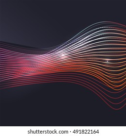 Ola vectorial colorida de humo sobre fondo oscuro con brillo y efectos
