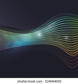 Ola vectorial colorida de humo sobre fondo oscuro con brillo y efectos