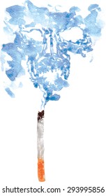 smoke coming down from cigarettes in the form of the skull , because smoking kills! Hand-drawn watercolor