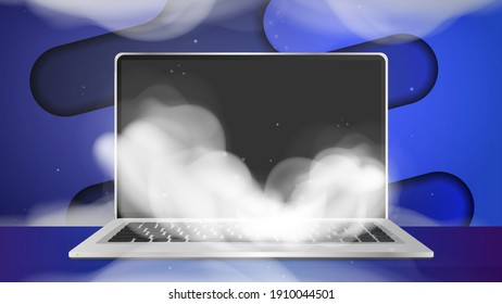 Smoke is coming from the laptop. The concept of equipment breakdown and repair. Vector illustration.