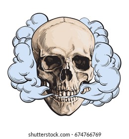 Smoke coming out of fleshless skull, death, mortal habit concept, sketch style vector illustration isolated on white background. Hand drawn smoking skull emitting clouds of smoke