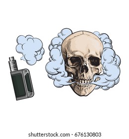 Smoke coming out of fleshless skull and vape, vaping device, sketch style vector illustration isolated on white background. Hand drawn smoking skull and smoke coming out of vaping device