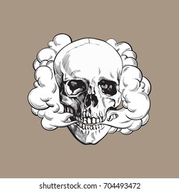Smoke coming out of fleshless skull, death, mortal habit concept, black and white sketch style vector illustration isolated on color background.