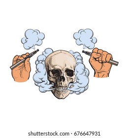 Smoke coming out of human skull and electronic cigarettes in male hands, sketch style vector illustration isolated on white background. Hand drawn hands holding e-cigarettes and smoking human skull