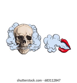 Smoke coming out of skull and beautiful female lips with red lipstick, sketch vector illustration isolated on white background. Hand drawn smoking skull and woman lips emitting clouds of smoke