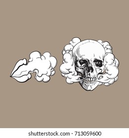 Smoke coming out of skull and female lips, sketch vector illustration isolated on color background. Hand drawn smoking skull and woman lips emitting clouds of smoke