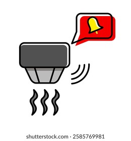  smoke detector emitting smoke signals and triggering an alert notification with a bell icon, indicating a fire or smoke alarm.