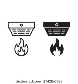 Smoke detector icons with and without flame illustrating fire safety