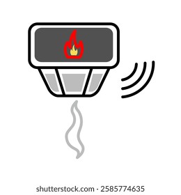 Smoke detectors are depicted with a red and yellow fire symbol inside, indicating a fire and sounding an alarm. Relevant to depicting fire safety equipment