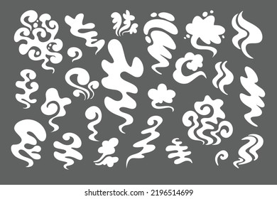Smoke different shapes set. White cloud fog cigarette fire in cartoon style for game. Isolated flat. Vector illustration