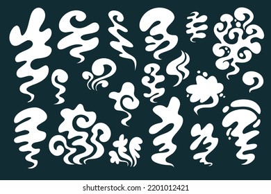 Smoke Different Shapes Set. White Cloud Fog Cigarette Fire In Cartoon Style For Game. Isolated Flat. Vector Illustration