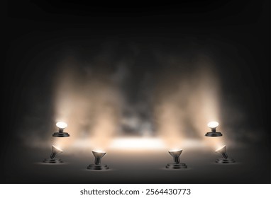 Smoke and dim lights on stage. Vector realistic empty podium for presentation of product. Mist and fog with lamps illuminating center of scene. Performance dramatic effect, scenery decor