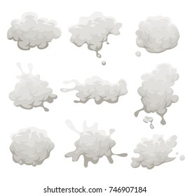 Smoke, Dust, Fog And Explosions Clouds Set/
Illustration of a set of cartoon grey clouds, smoke, blast, splatter, explosion patterns and fog icons