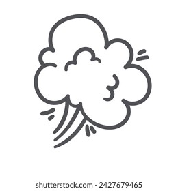 Smoke and dust puff cloud of explosion icon. Silhouette of steam, gas bubbles with puff magic effect and lines of movement. Boom with smoke in air comic book icon of doodle style vector illustration