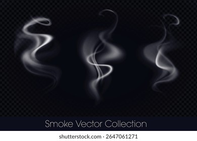 Fumaça, fumaça de e-cig, neblina, nevoeiro, gás e Vetor isolado a vapor (EPS) Ilustração Conjunto sobre fundo transparente