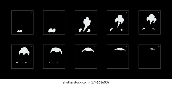 Efecto humo. hoja de cálculo de animación de humo. animación clásica con efecto humo para juegos, dibujos animados o animaciones. efecto de animación de estilo vectorial 1811.