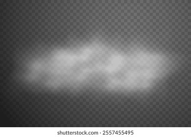Smoke effect background. Realistic decorative fog in the air, vapor, creeping smoke puff. Layout of cloudy smog. Transparency vector illustration.