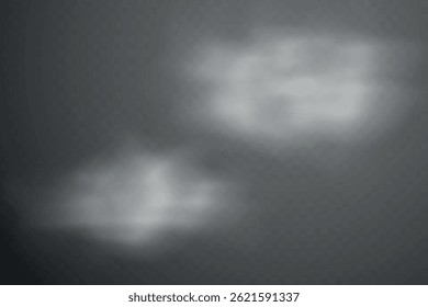 Rookeffect achtergrond. Realistische decoratieve mist in de lucht, damp, kruipende rookwolk. Indeling van bewolkte smog. Transparantievectorillustratie.