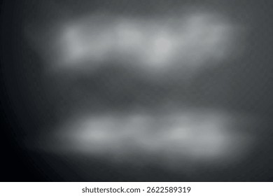 Rookeffect achtergrond. Realistische decoratieve mist in de lucht, damp, kruipende rookwolk. Indeling van bewolkte smog. Transparantievectorillustratie.