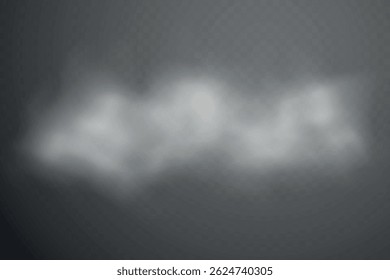 Smoke effect background. Realistic decorative fog in the air, vapor, creeping smoke puff. Layout of cloudy smog. Transparency vector illustration.
