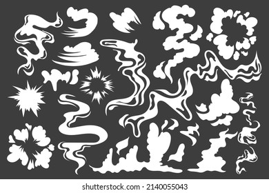 Smoke effect. Cartoon white explosion silhouette, steam trail, curly fog and poof sprite. Vector isolated set