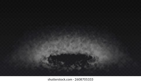 Smoke effect on transparent dark background. Fog gray cloud above the floor surface.