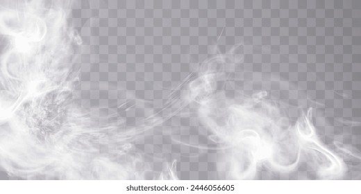 Smoke effect. Realistic vector fog effect and transparent magic fog. White steam, border of creeping smoke. Mockup of cloudy and growing smog. Vector 10 ep.	