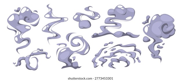 Smoke effect vector with dynamic manga style clouds and cartoon dust elements. Dramatic smoke puff and explosion graphics for comic animation, game design and motion backgrounds. Swoosh smog icons.