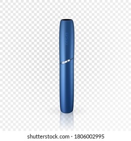 Smoke electronic iqos cigarette icon. Realistic illustration of blue electronic cigarette. Vector icon for web design