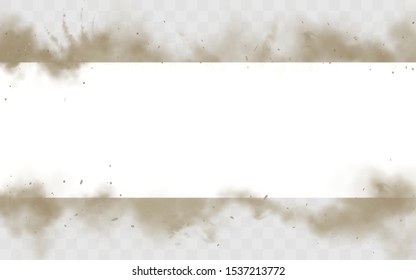 Smoke empty banner mock up, dirty smog horizontal border isolated on white background, brown heavy thick dust steam frame with motes and sand design element mockup. Realistic 3d vector illustration