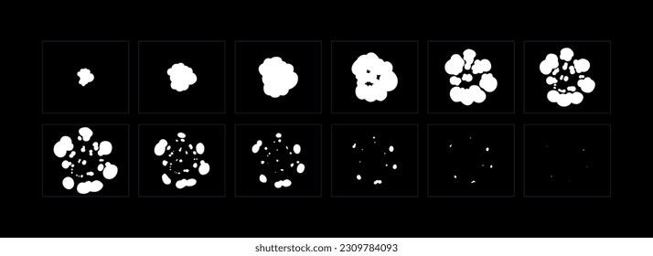 Rauch-Explosion-Animation. 2D Cartoon raucht animierte Sprite-Bogen Rahmen. Flash Motion Boom Exploding Effekt Storyboard Vektorgrafik Set. 