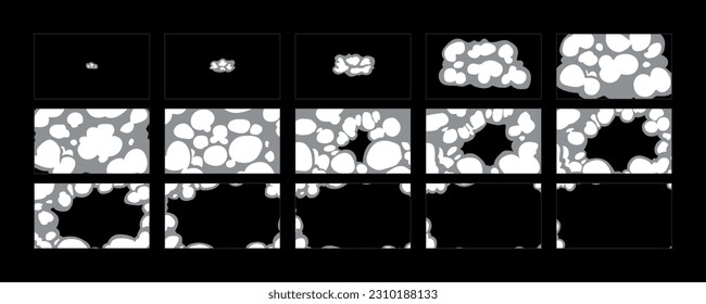 Smoke explosion animation. 2d cartoon smoke animated sprite sheet frames. Flash motion boom Exploding effect storyboard vector illustration set. 