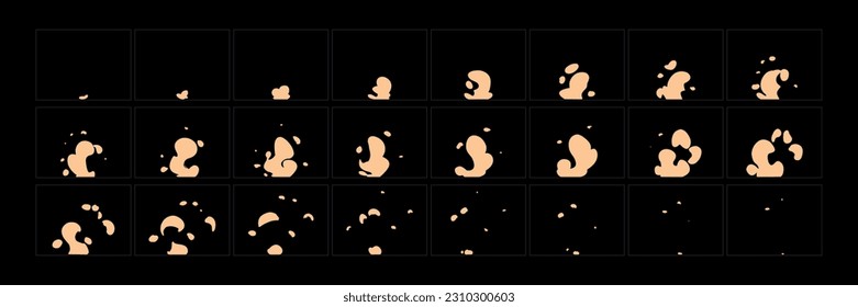 Smoke explosion animation. 2d cartoon smoke animated sprite sheet frames. Flash motion boom Exploding effect storyboard vector illustration set. 