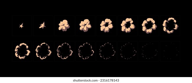 Smoke explosion animation. 2d cartoon dust animated sprite sheet frames. Boom burst effect storyboard vector illustration set. 