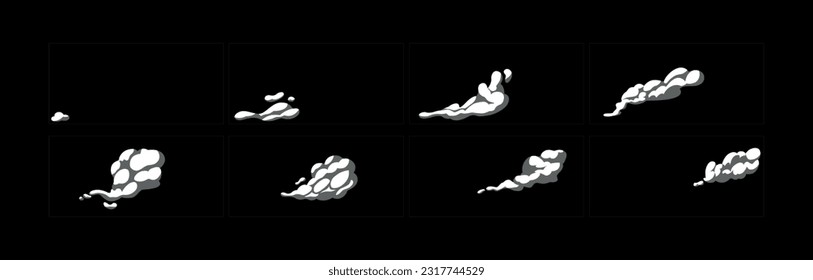 Animación de explosión de humo. 2.ª caricatura fuma marcos de hojas de sátira animadas. Conjunto de ilustración vectorial de efecto de flujo de agua.