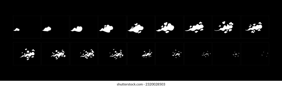 Smoke explosion animation. 2d cartoon smoke animated sprite sheet frames. Stream effect storyboard vector illustration set.