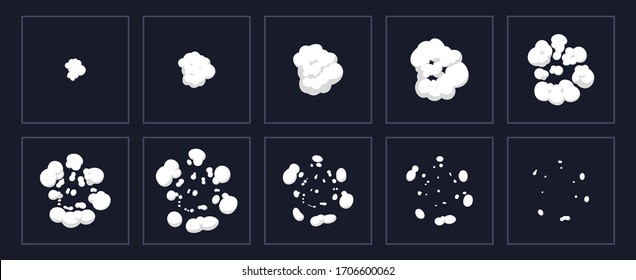 Smoke explosion animation. Cartoon explosion animated shot, explode clouds frames. Exploding effect storyboard isolated vector illustration set. Movement puff effect, flash motion boom