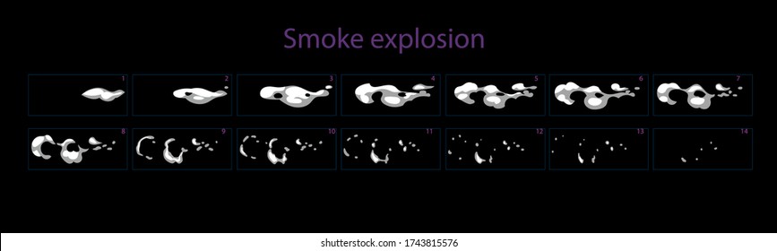 Smoke explosion effect. Smoke animation sprite sheet. Set of smoke burst animation for games, cartoon or animation. Ready to fream by fream classic animation. Vector