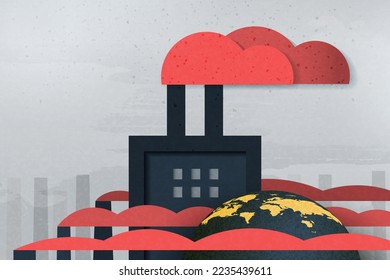 Smoke from a factory chimney. CO2 and Air pollution in environment.Global warming and climate change concept.Paper art vector illustration.