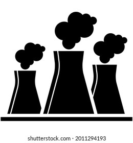 Vector de chimenea de fábrica de humo. Ilustración del icono de la contaminación del aire. Plano, planta de energía industrial y silueta negra de smog aislada en fondo blanco