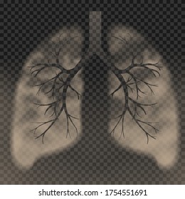 El humo llenó los pulmones humanos. Ilustración abstracta del día internacional de cesación del hábito de fumar. Vector realista sobre un fondo oscuro transparente.