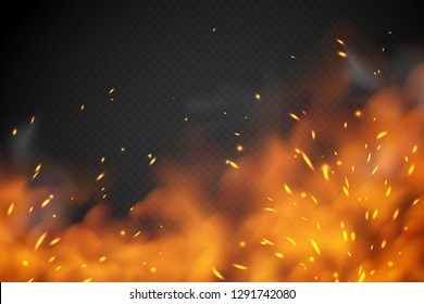 Smoke Fire Effect. Burning Embers Red Hot Metal Ignite Sparks Fiery Heat Transparent Smog Texture Isolated On Black Vector Background