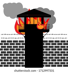 Smoke and fire in prison. Watchtower. The incident. Vector illustration.