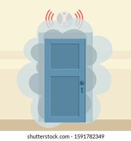 Smoke from fire seeps out of closed door. Fire alarm and smoke detector are working. Dangerous situation in house, in office. Fire security systems in work. Vector illustration, flat cartoon style.