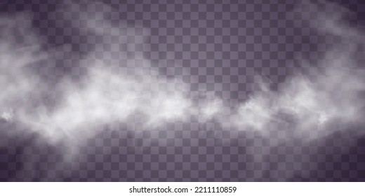 Сloud of smoke or fog isolated transparent special effect. Texture of steam or smoke for your design. White cloudiness, mist smog background. 3D realistic white foggy vapor. Vector illustration. 
